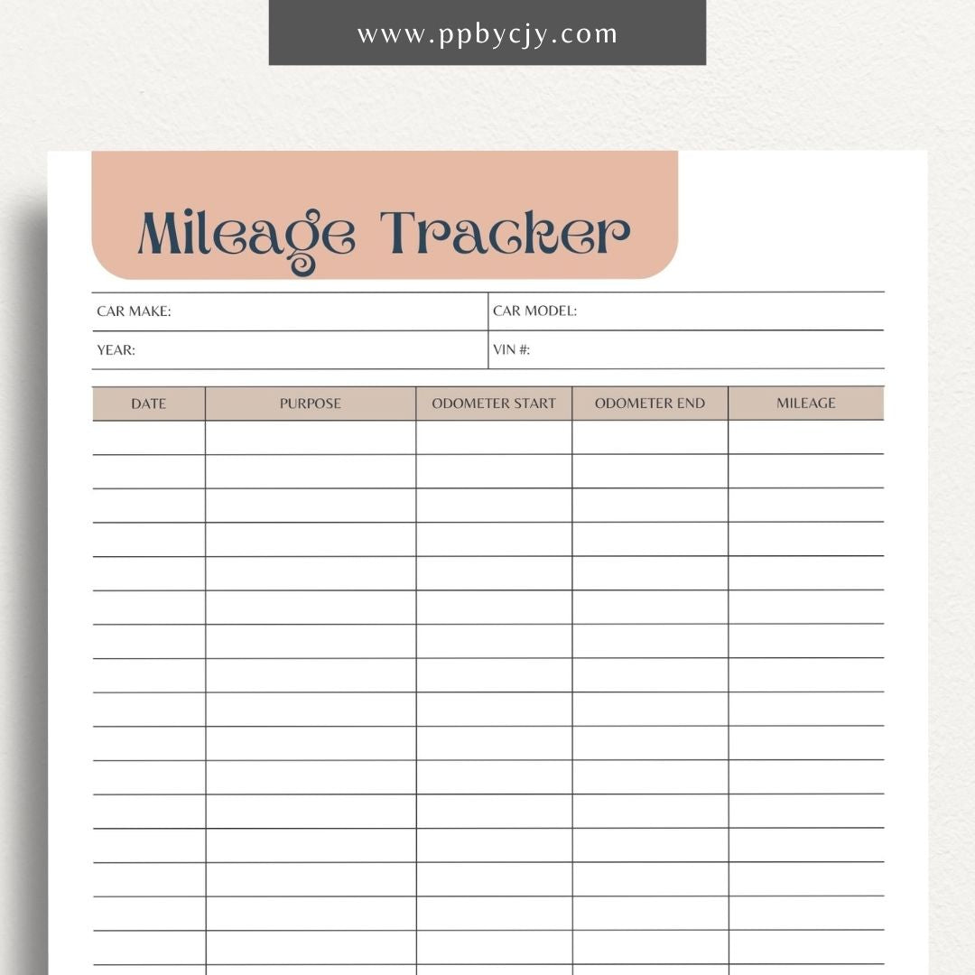 Mileage Tracker Printable Template – Digital download for recording and managing vehicle mileage, including trips, fuel usage, and expenses.