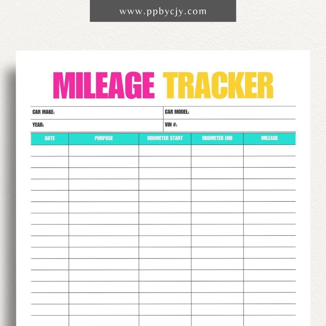 Mileage Tracker Printable Template – Digital download for recording and managing vehicle mileage, including trips, fuel usage, and expenses.