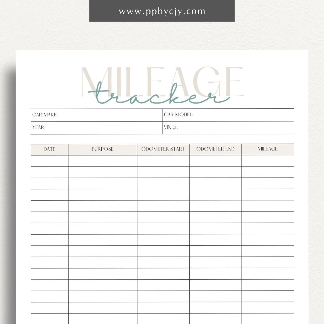 Mileage Tracker Printable Template – Digital download for recording and managing vehicle mileage, including trips, fuel usage, and expenses.