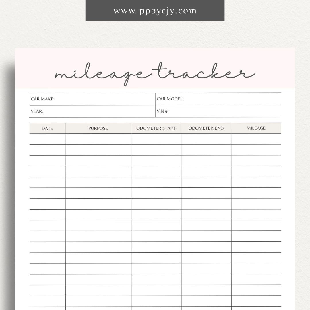Mileage Tracker Printable Template – Digital download for recording and managing vehicle mileage, including trips, fuel usage, and expenses.