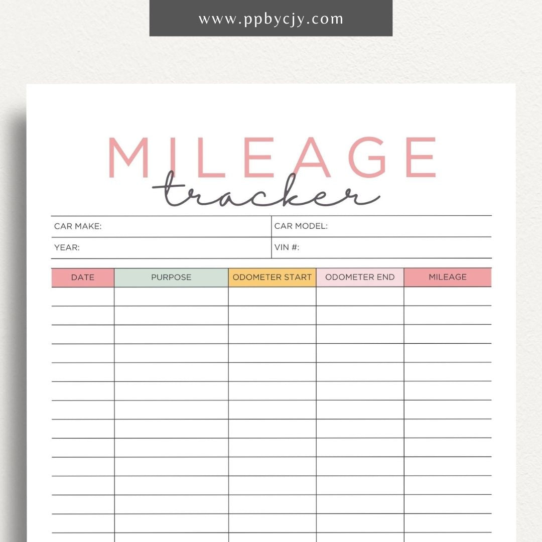 Mileage Tracker Printable Template – Digital download for recording and managing vehicle mileage, including trips, fuel usage, and expenses.