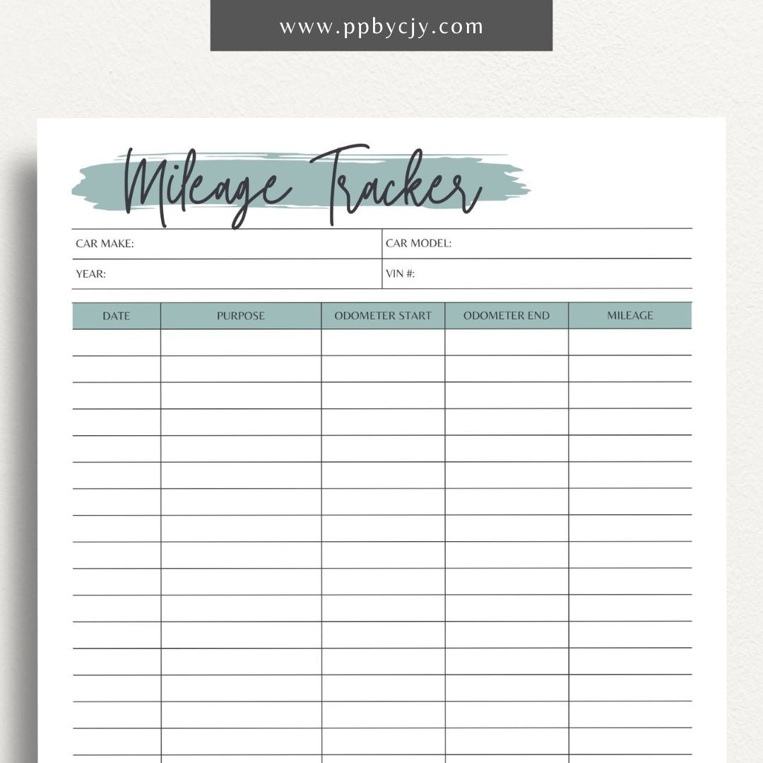 Mileage Tracker Printable Template – Digital download for recording and managing vehicle mileage, including trips, fuel usage, and expenses.