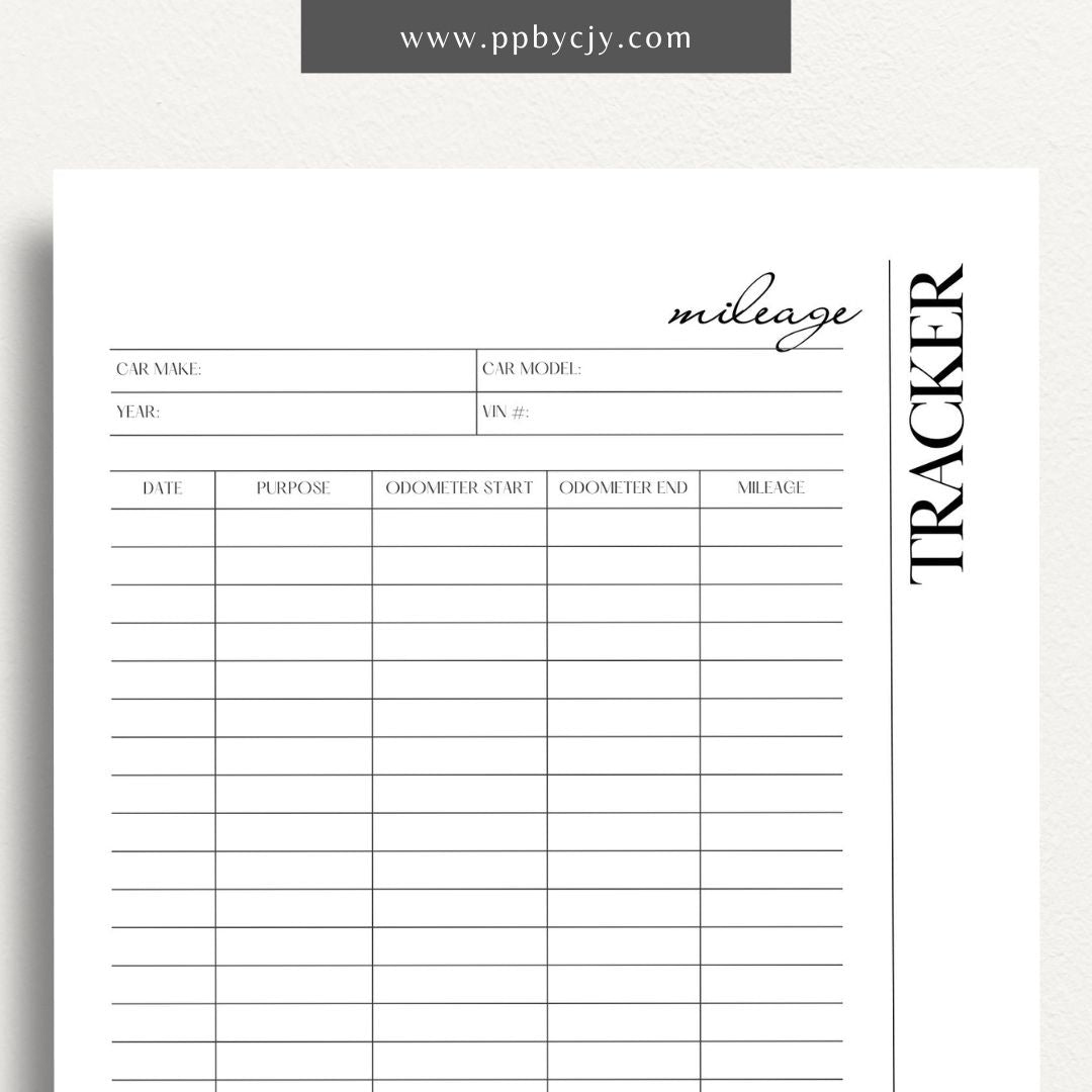 Mileage Tracker Printable Template – Digital download for recording and managing vehicle mileage, including trips, fuel usage, and expenses.