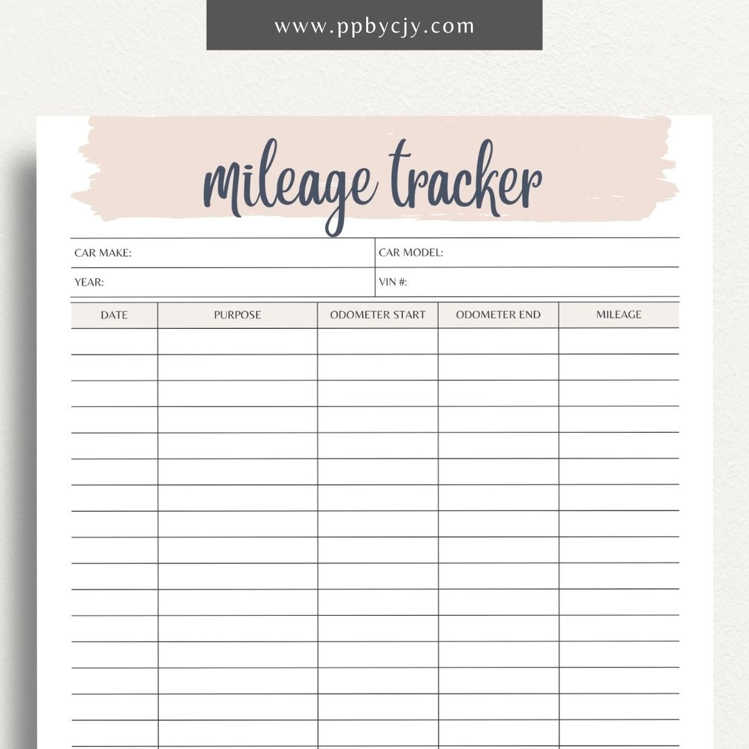 Mileage Tracker Printable Template – Digital download for recording and managing vehicle mileage, including trips, fuel usage, and expenses.