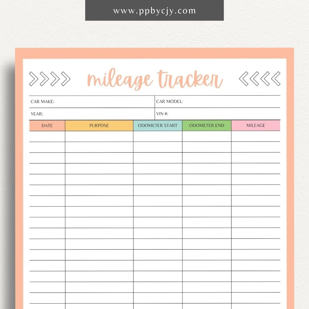 Mileage Tracker Printable Template – Digital download for recording and managing vehicle mileage, including trips, fuel usage, and expenses.