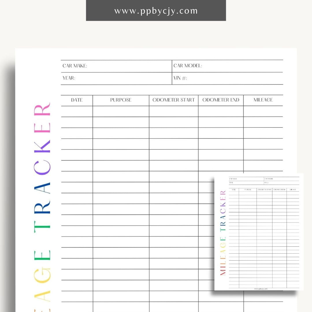 Mileage Tracker Printable Template – Digital download for recording and managing vehicle mileage, including trips, fuel usage, and expenses.