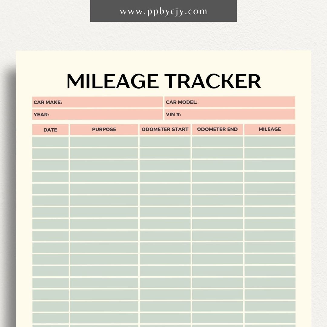 Mileage Tracker Printable Template – Digital download for recording and managing vehicle mileage, including trips, fuel usage, and expenses.