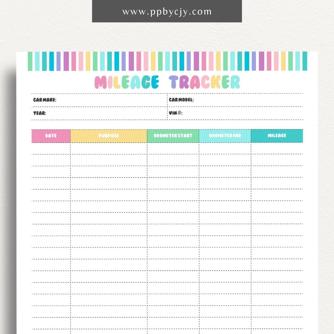Mileage Tracker Printable Template – Digital download for recording and managing vehicle mileage, including trips, fuel usage, and expenses.