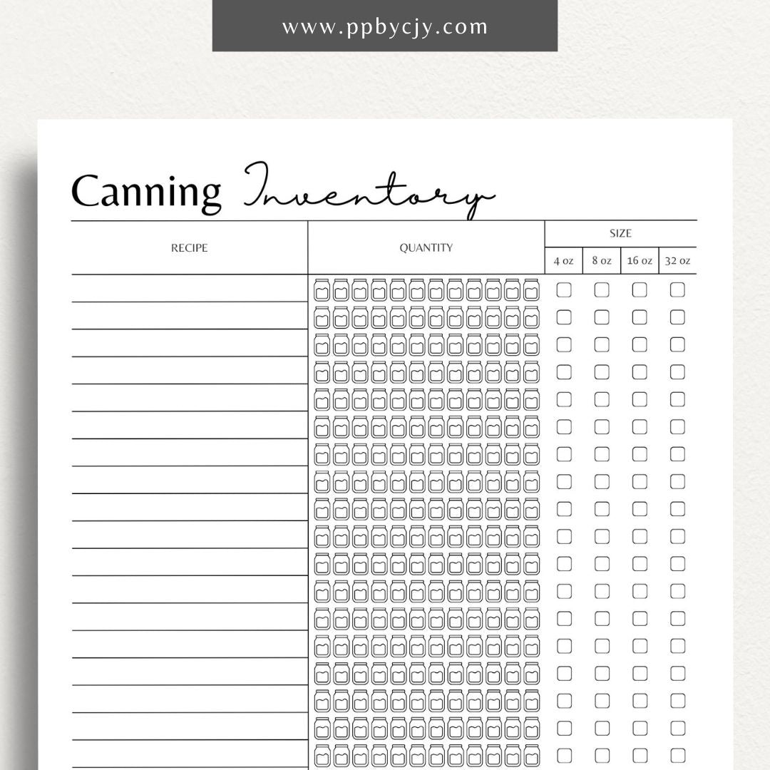 Homestead Canning Inventory Printable Template – Digital download for recording and managing home-canned goods and supplies.
