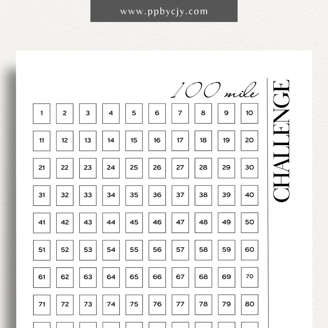 100 Mile Challenge Printable Template – Digital Download for Tracking Your Mileage Goals