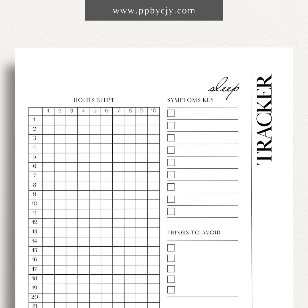 Sleep Tracker Printable Template – Digital download for recording and monitoring your sleep patterns, duration, and quality