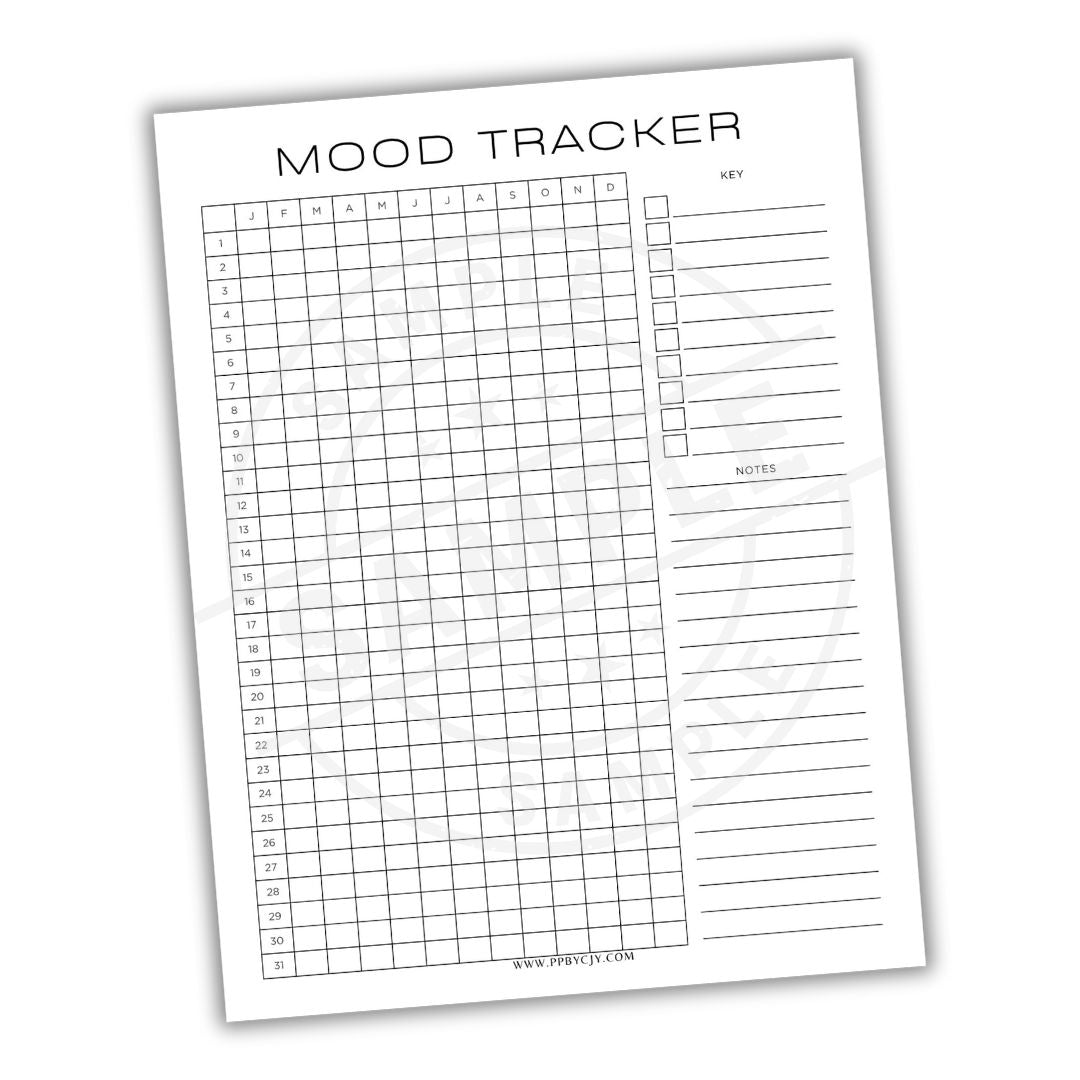 Mood tracker sheet with grid and notes section on a white background