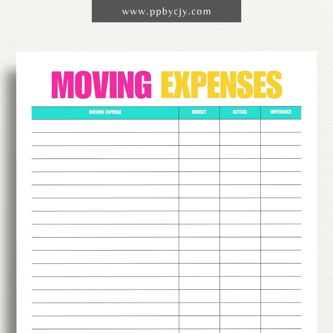 Moving Budget Printable Template – Digital download for planning and tracking expenses related to moving, including packing, transportation, and other costs.