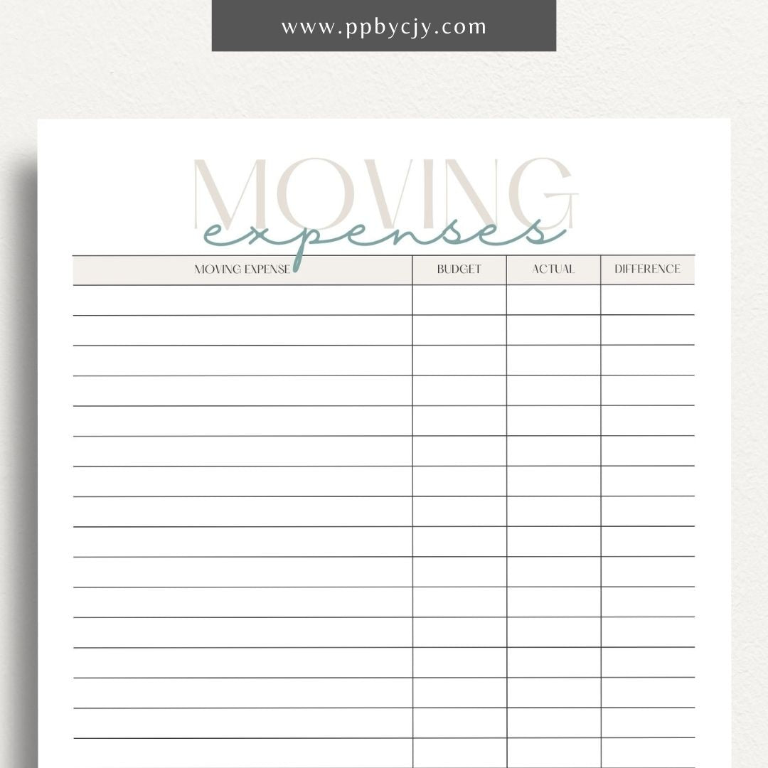 Moving Budget Printable Template – Digital download for planning and tracking expenses related to moving, including packing, transportation, and other costs.