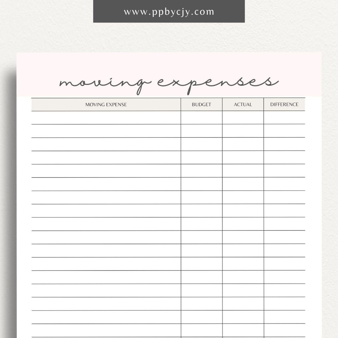 Moving Budget Printable Template – Digital download for planning and tracking expenses related to moving, including packing, transportation, and other costs.