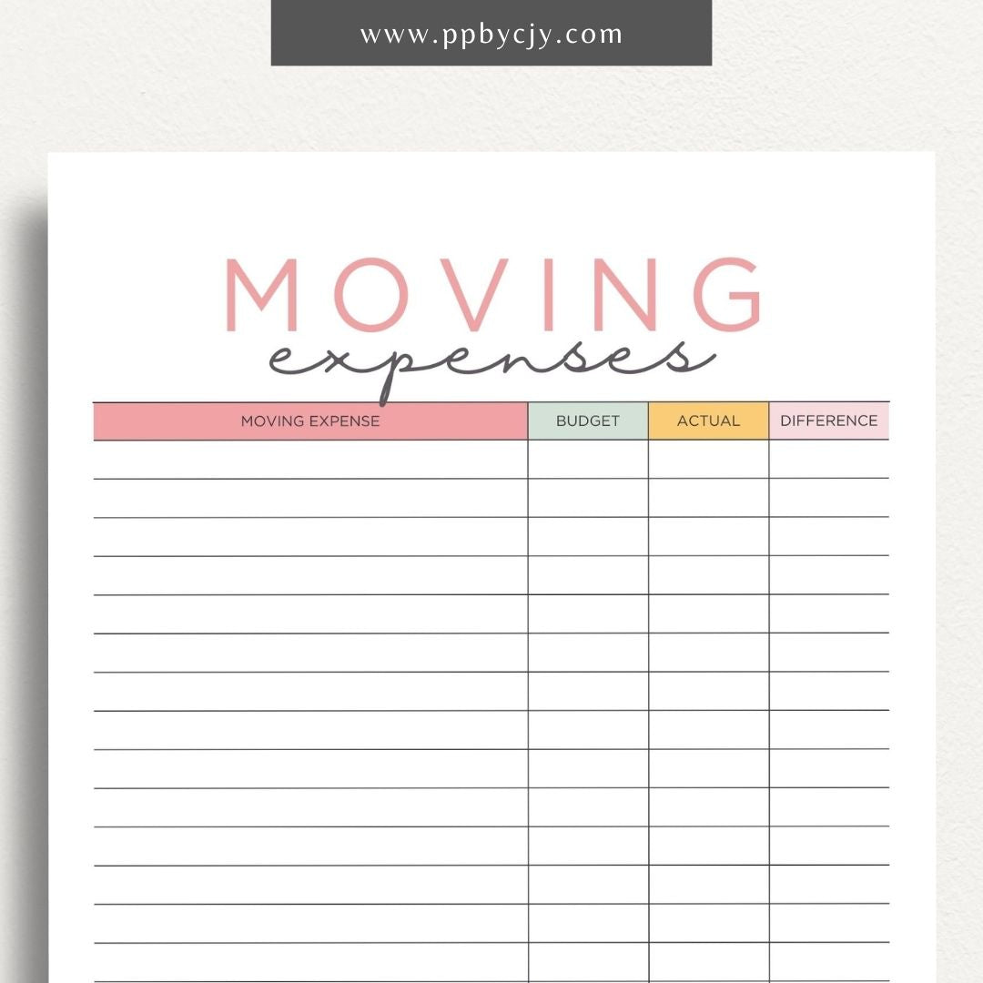 Moving Budget Printable Template – Digital download for planning and tracking expenses related to moving, including packing, transportation, and other costs.
