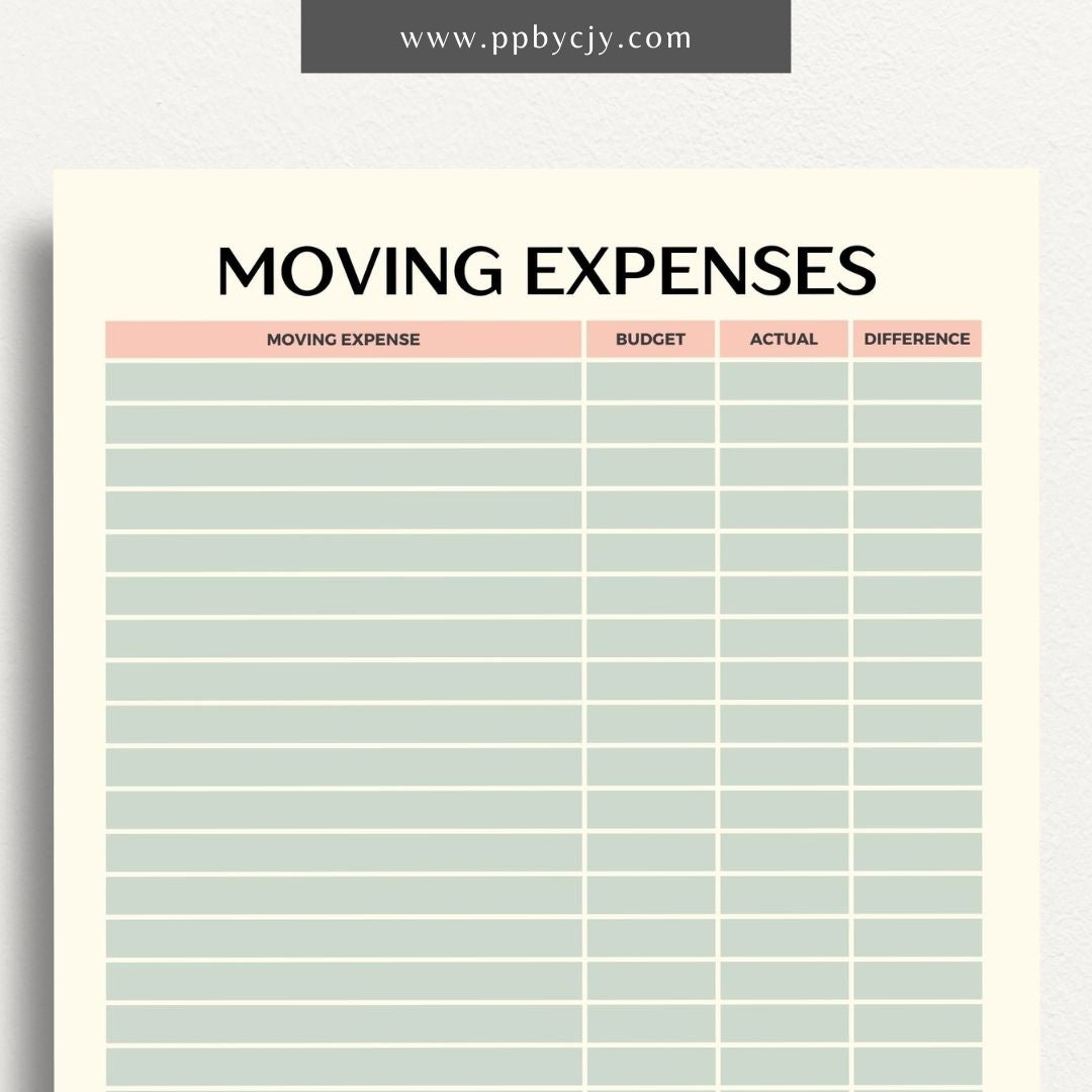 Moving Budget Printable Template – Digital download for planning and tracking expenses related to moving, including packing, transportation, and other costs.