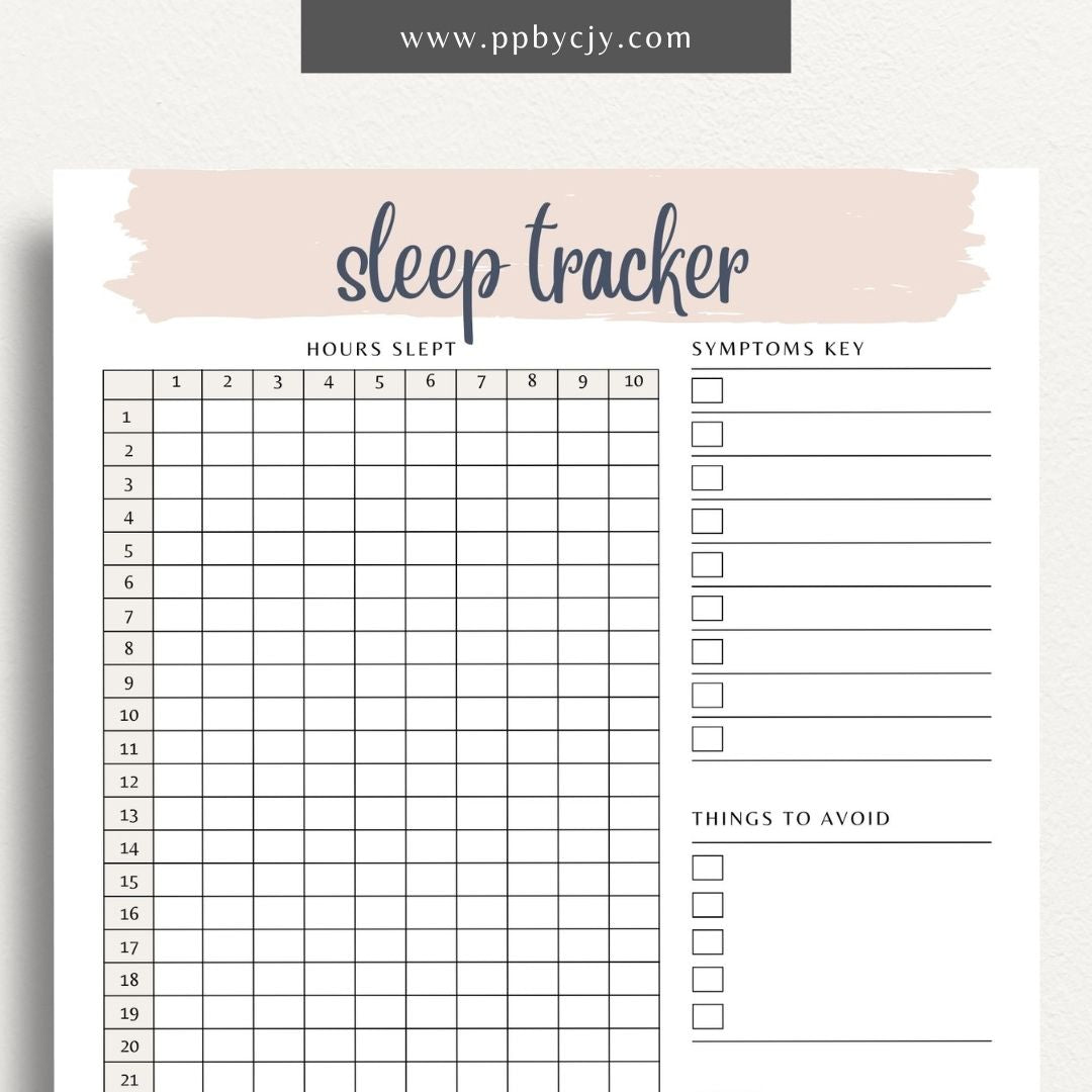 Sleep Tracker Printable Template – Digital download for recording and monitoring your sleep patterns, duration, and quality