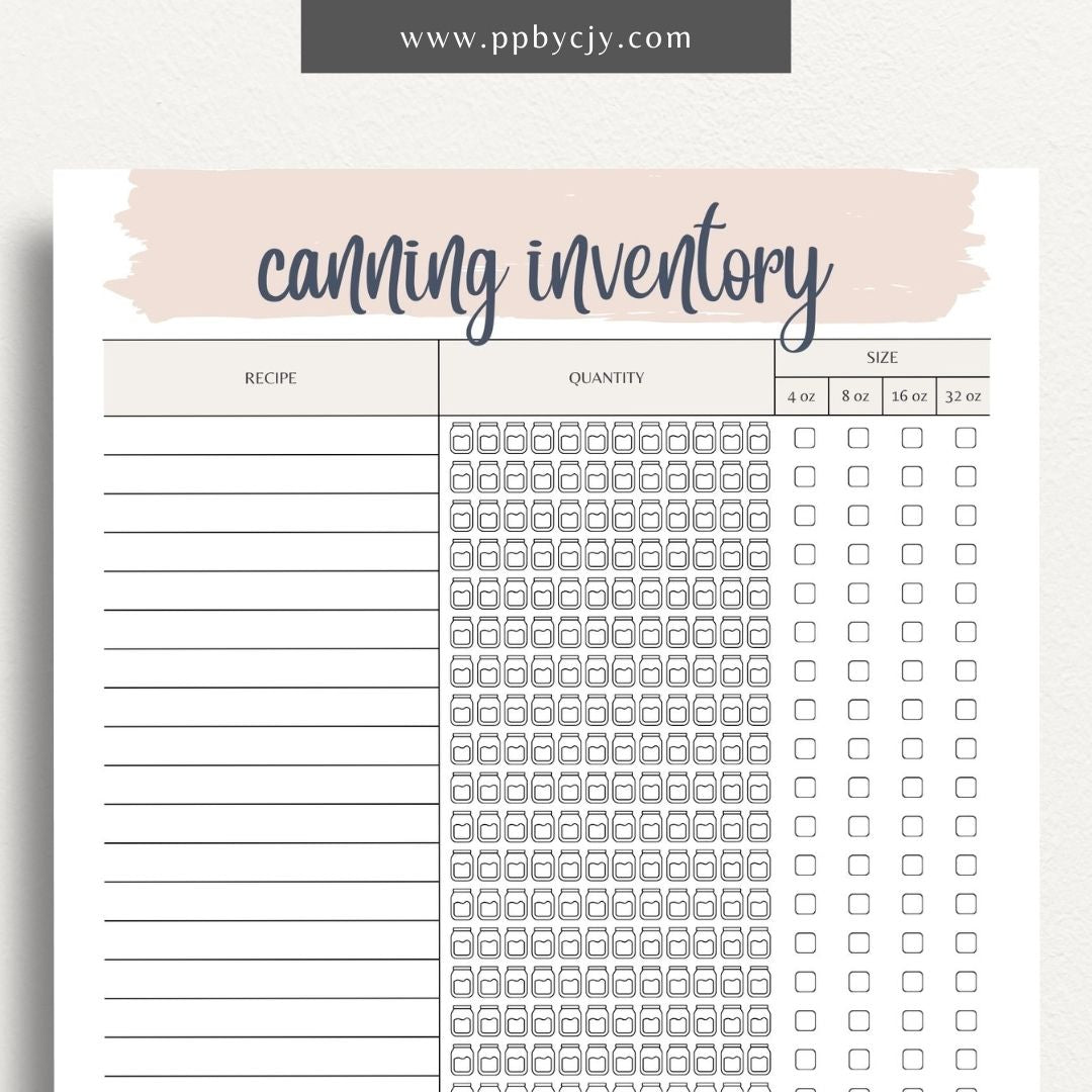 Homestead Canning Inventory Printable Template – Digital download for recording and managing home-canned goods and supplies.