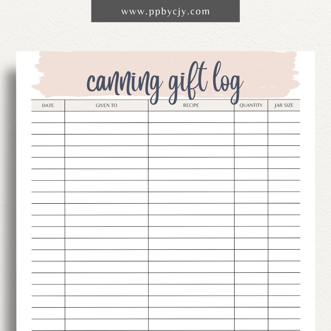Homestead Canning Gift Log Printable Template – Digital download for tracking and organizing gifts made from home-canned goods.