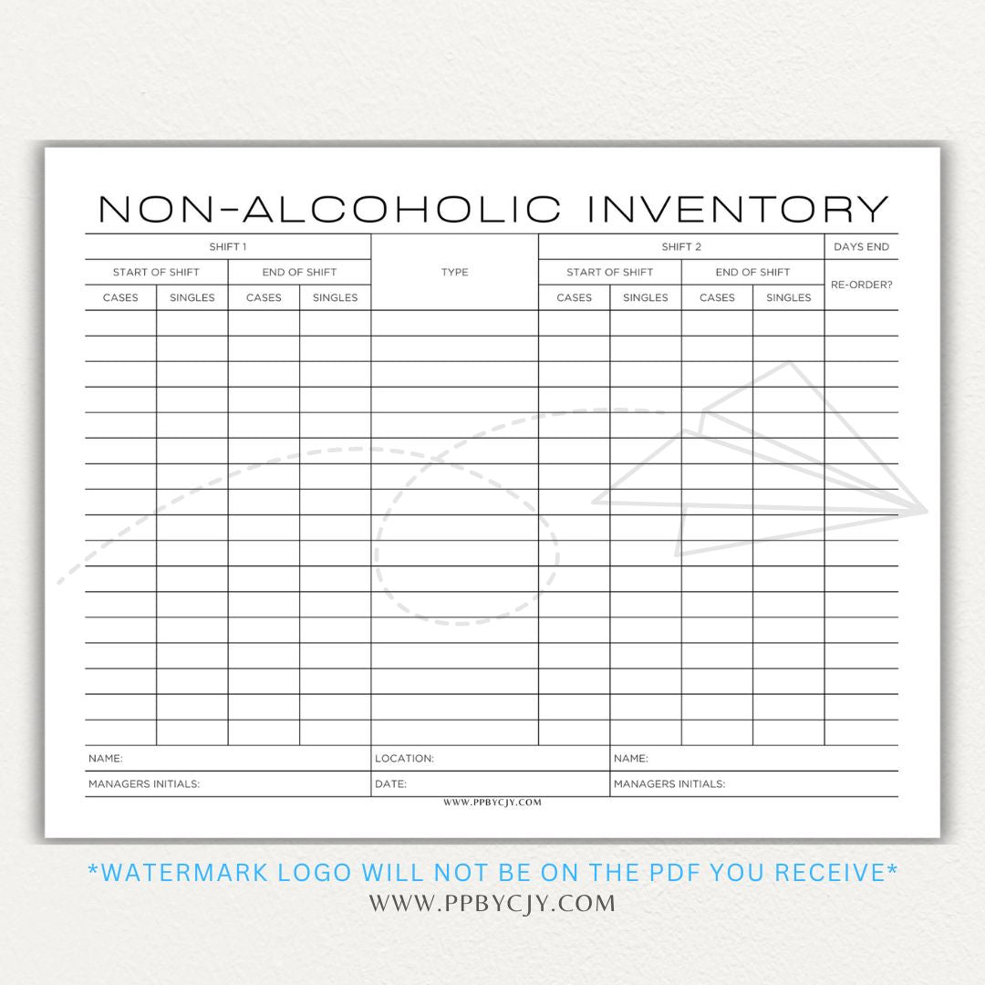 Non-alcoholic inventory printable PDF template with sections for tracking beverage types, quantities, expiration dates, and restocking needs.