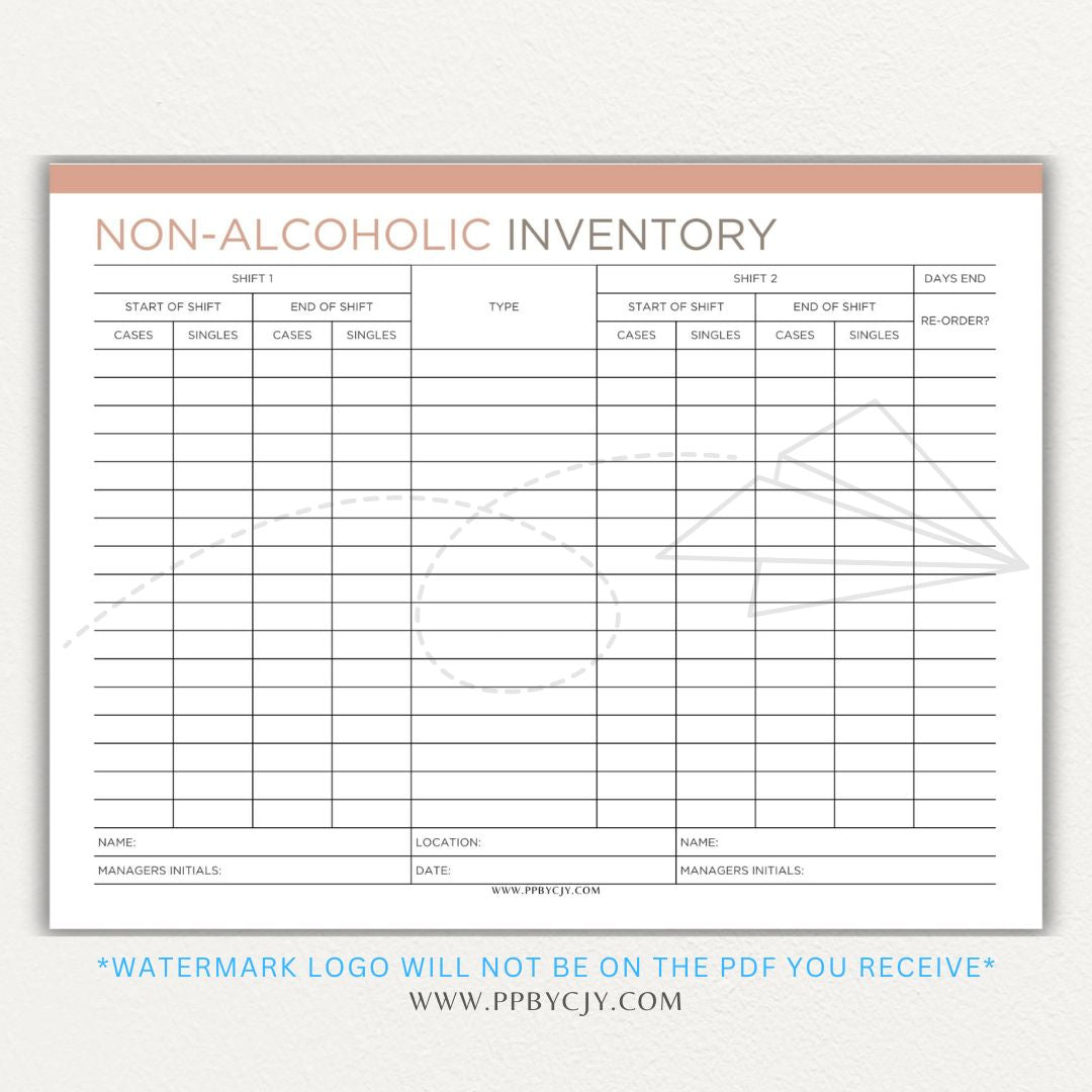 Non-alcoholic inventory printable PDF template with sections for tracking beverage types, quantities, expiration dates, and restocking needs.