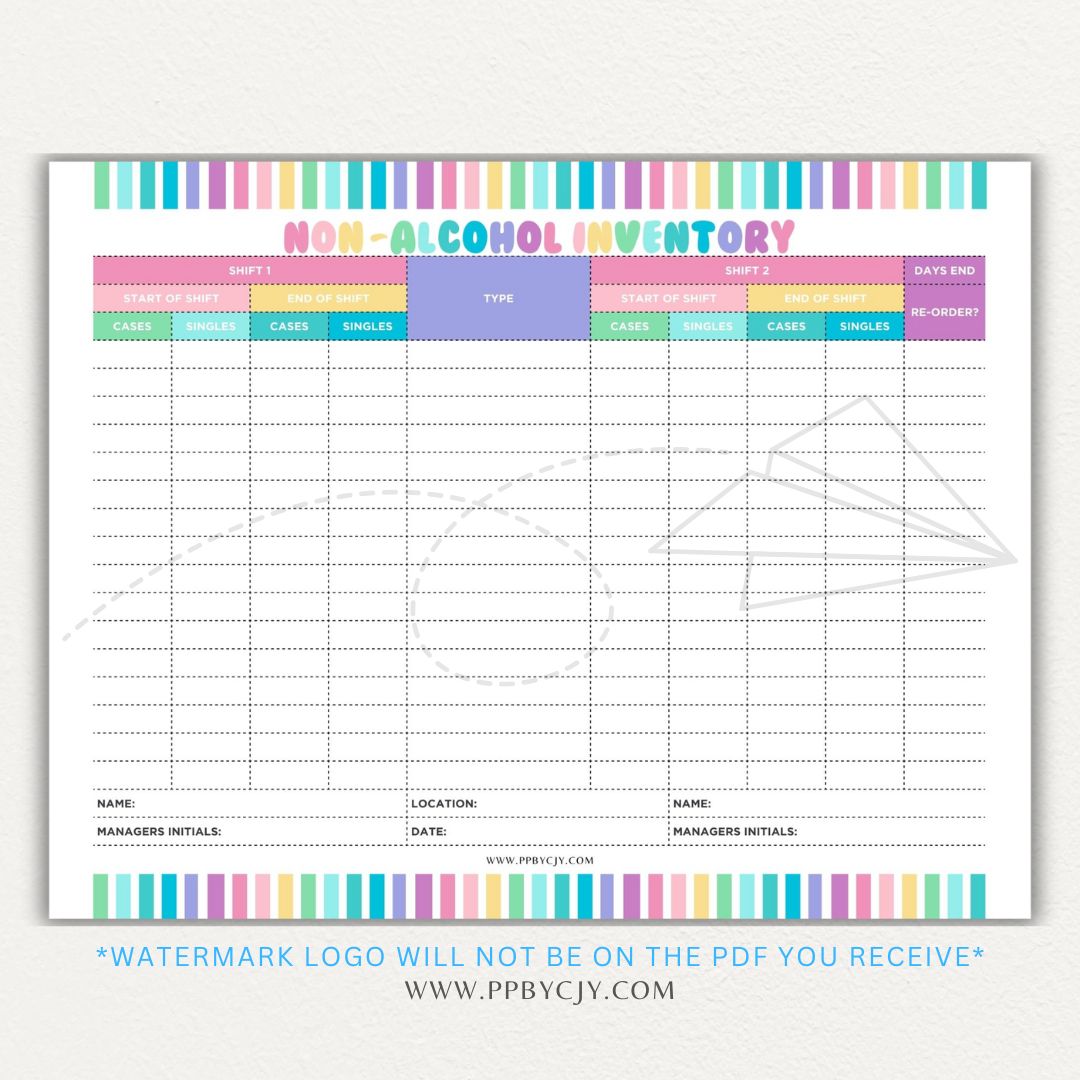Non-alcoholic inventory printable PDF template with sections for tracking beverage types, quantities, expiration dates, and restocking needs.