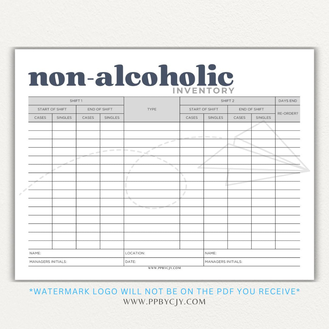 Non-alcoholic inventory printable PDF template with sections for tracking beverage types, quantities, expiration dates, and restocking needs.
