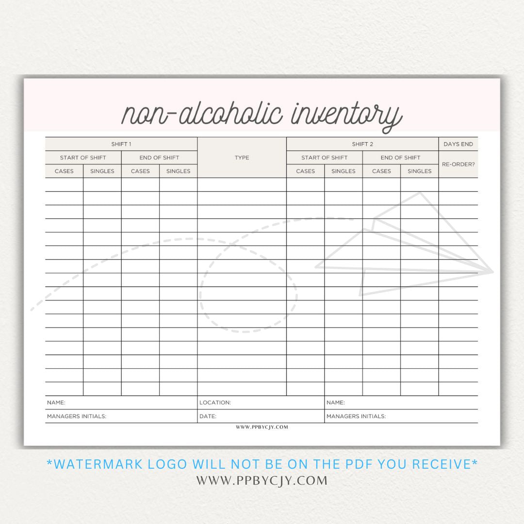 Non-alcoholic inventory printable PDF template with sections for tracking beverage types, quantities, expiration dates, and restocking needs.