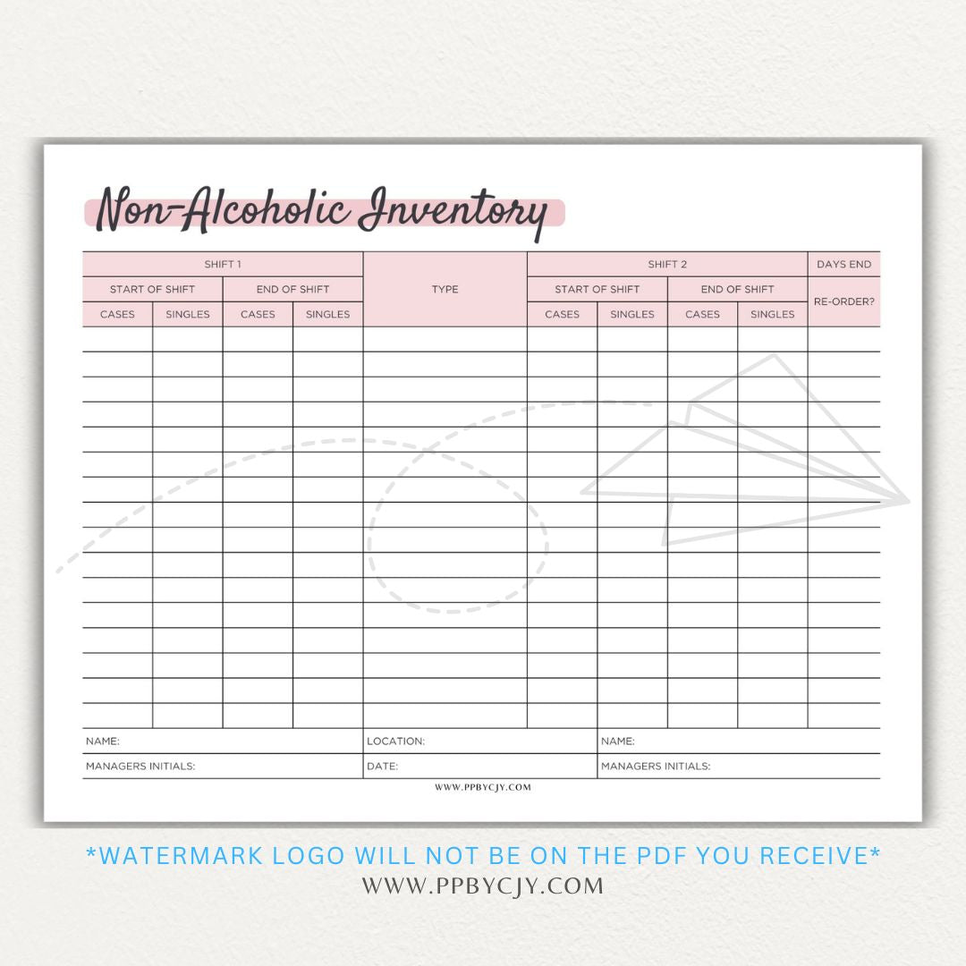 Non-alcoholic inventory printable PDF template with sections for tracking beverage types, quantities, expiration dates, and restocking needs.