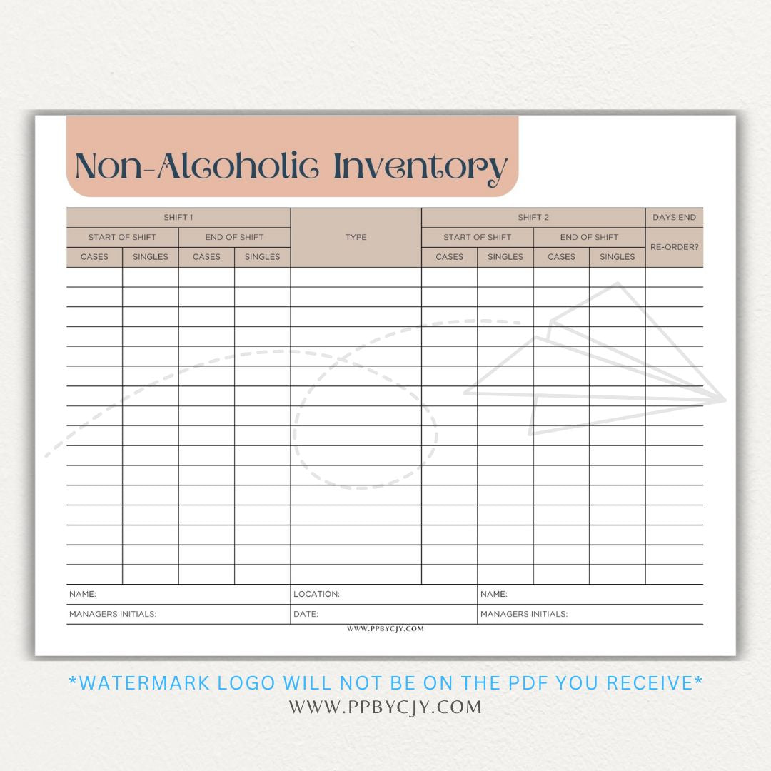 Non-Alcoholic Inventory Printable PDF Template