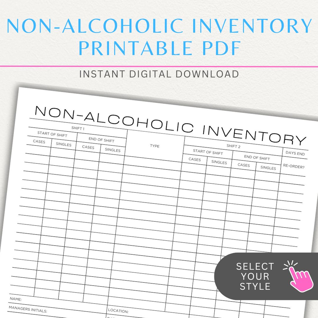 Non-alcoholic inventory printable PDF template with sections for tracking beverage types, quantities, expiration dates, and restocking needs.