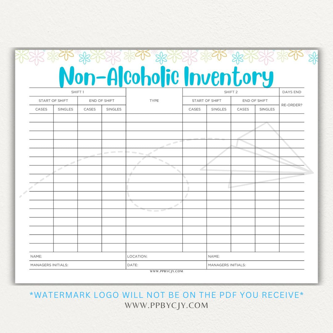 Non-alcoholic inventory printable PDF template with sections for tracking beverage types, quantities, expiration dates, and restocking needs.