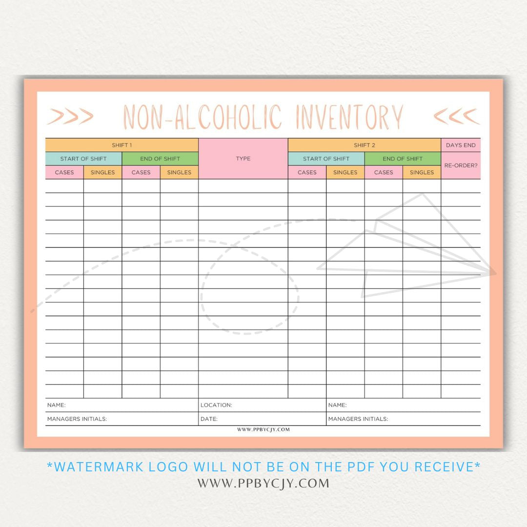 Non-alcoholic inventory printable PDF template with sections for tracking beverage types, quantities, expiration dates, and restocking needs.