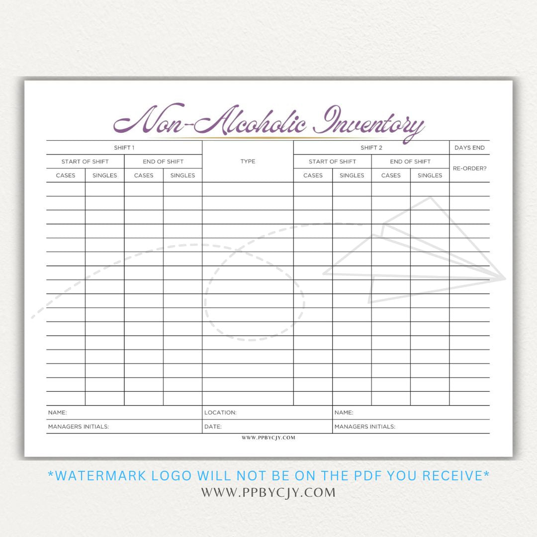 Non-alcoholic inventory printable PDF template with sections for tracking beverage types, quantities, expiration dates, and restocking needs.