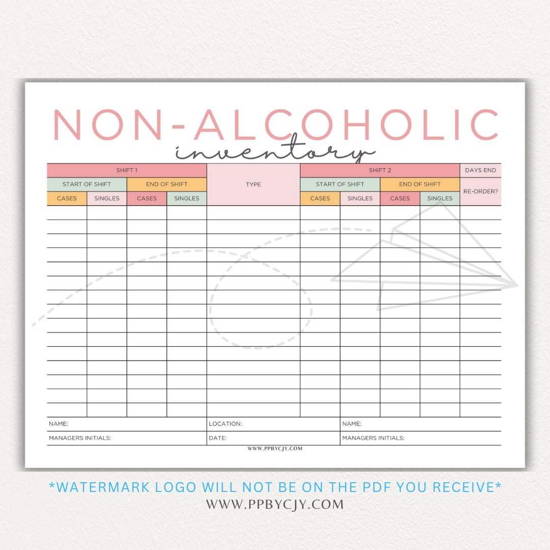 Non-alcoholic inventory printable PDF template with sections for tracking beverage types, quantities, expiration dates, and restocking needs.