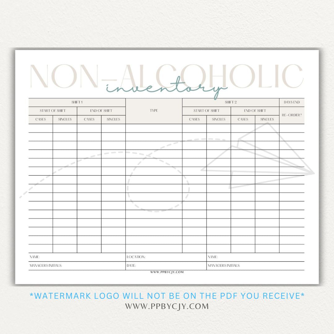 Non-alcoholic inventory printable PDF template with sections for tracking beverage types, quantities, expiration dates, and restocking needs.