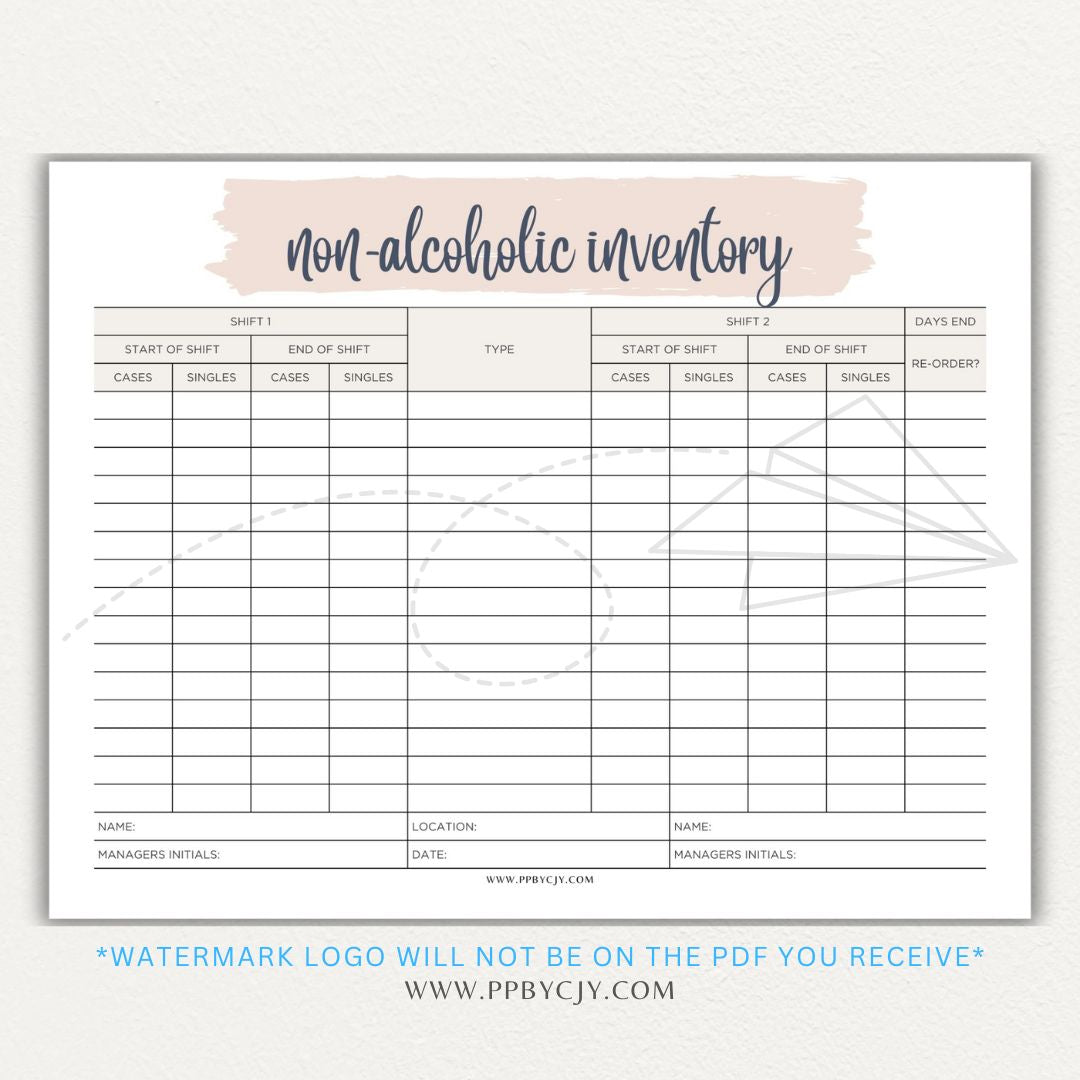 Non-alcoholic inventory printable PDF template with sections for tracking beverage types, quantities, expiration dates, and restocking needs.