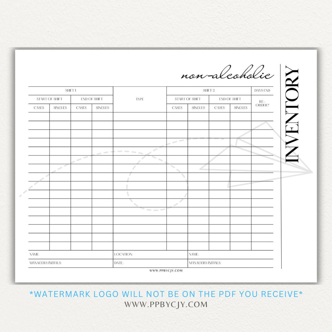 Non-alcoholic inventory printable PDF template with sections for tracking beverage types, quantities, expiration dates, and restocking needs.
