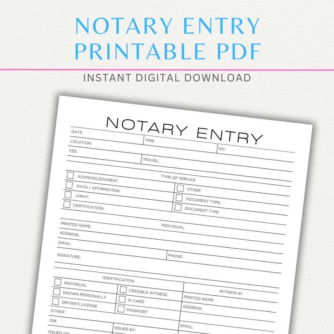 Notary Entry Printable PDF Template for logging notarization details.