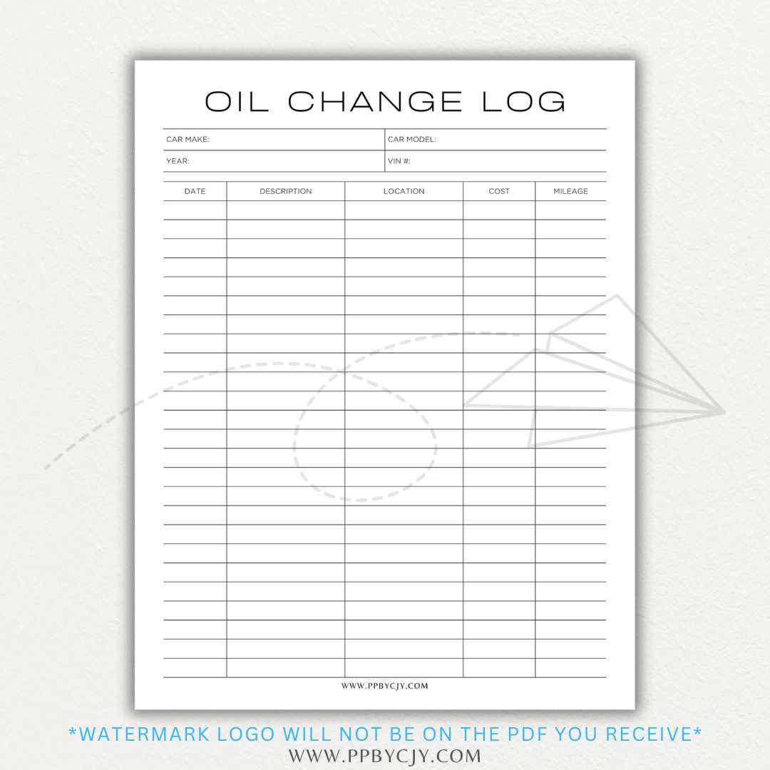 Oil Change Log Printable PDF Template for tracking vehicle maintenance and service history.
