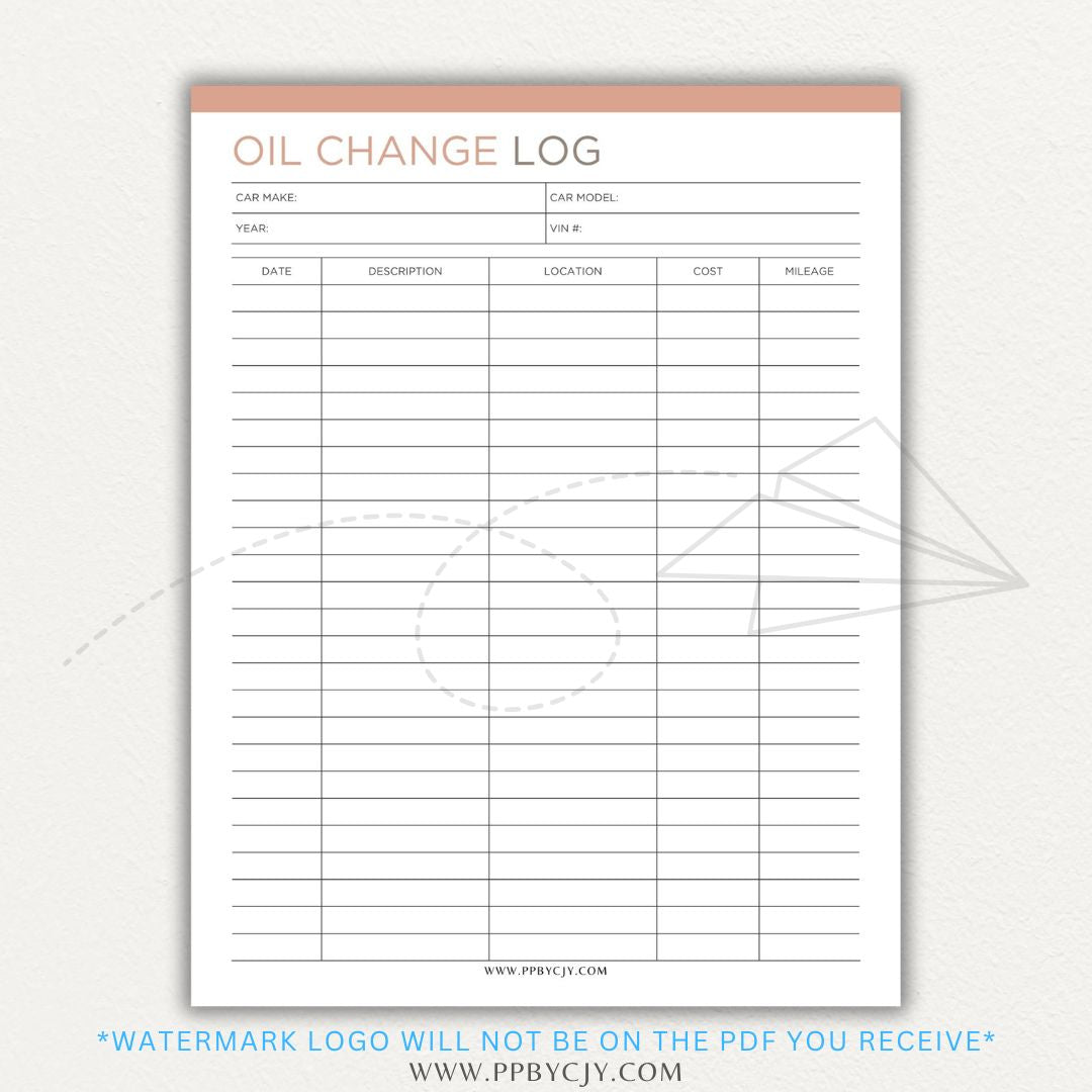 Oil Change Log Printable PDF Template for tracking vehicle maintenance and service history.