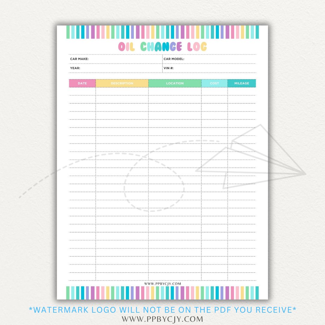 Oil Change Log Printable PDF Template for tracking vehicle maintenance and service history.