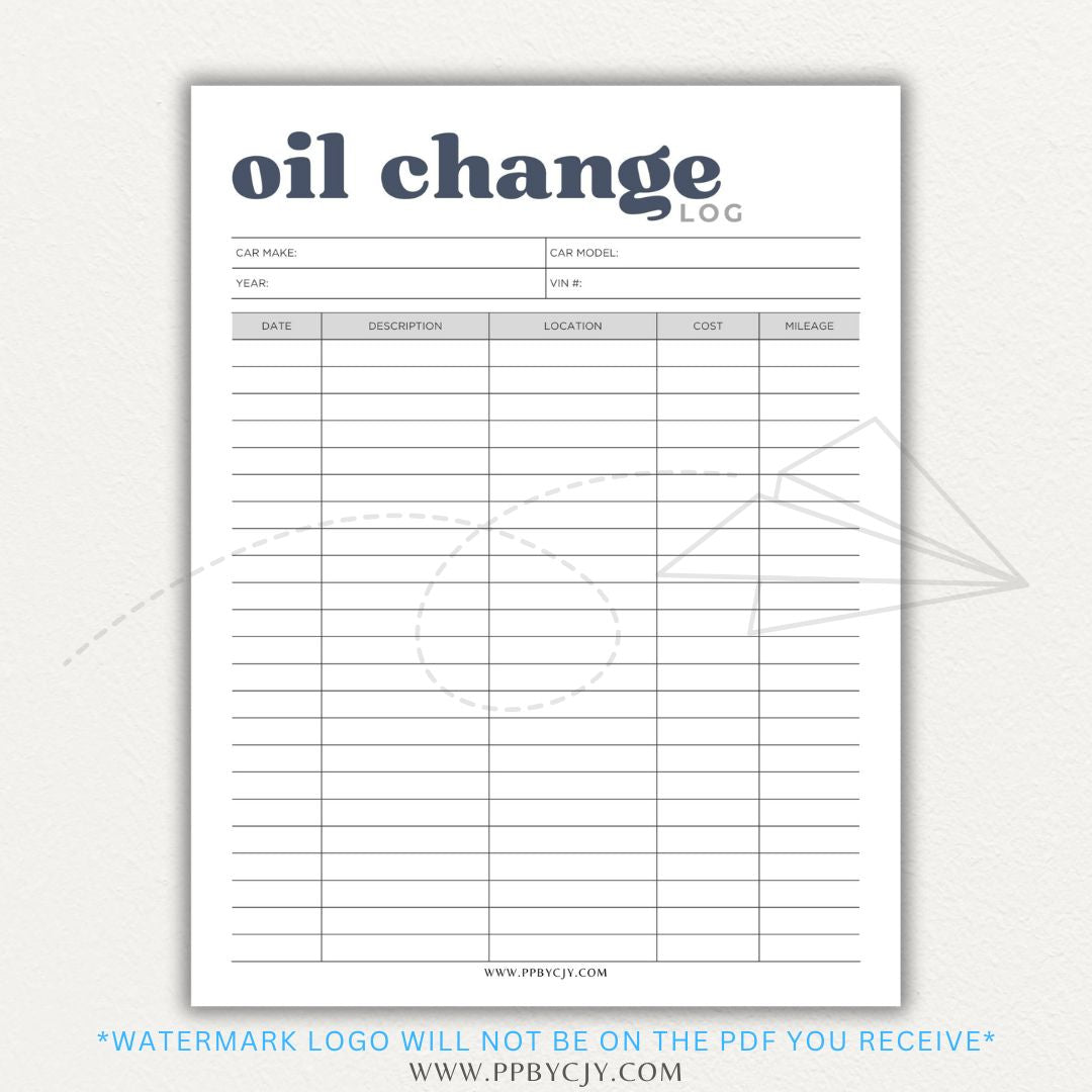 Oil Change Log Printable PDF Template for tracking vehicle maintenance and service history.