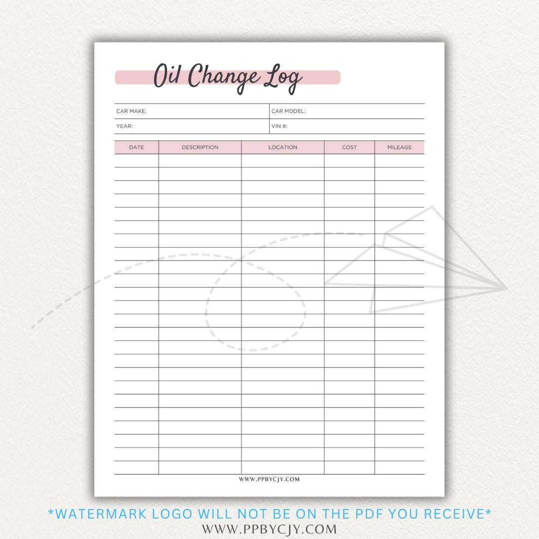 Oil Change Log Printable PDF Template for tracking vehicle maintenance and service history.