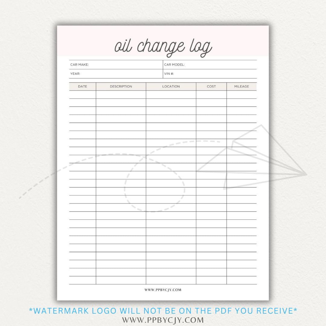 Oil Change Log Printable PDF Template for tracking vehicle maintenance and service history.