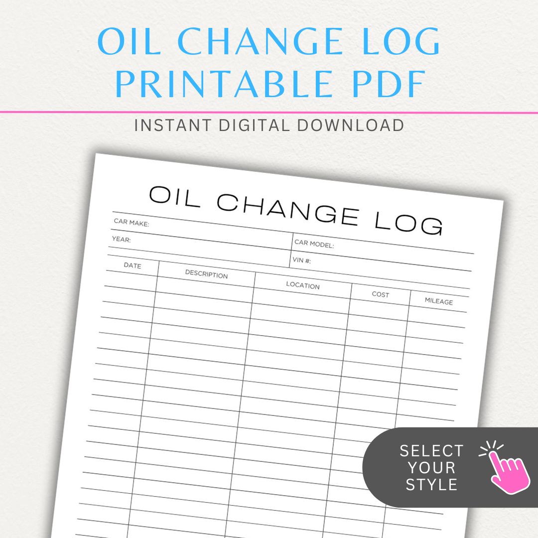 Oil Change Log Printable PDF Template for tracking vehicle maintenance and service history.