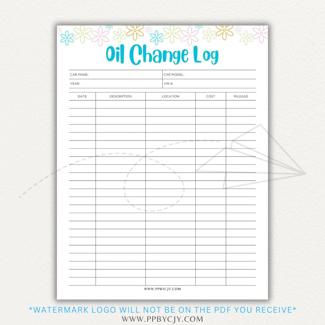 Oil Change Log Printable PDF Template for tracking vehicle maintenance and service history.