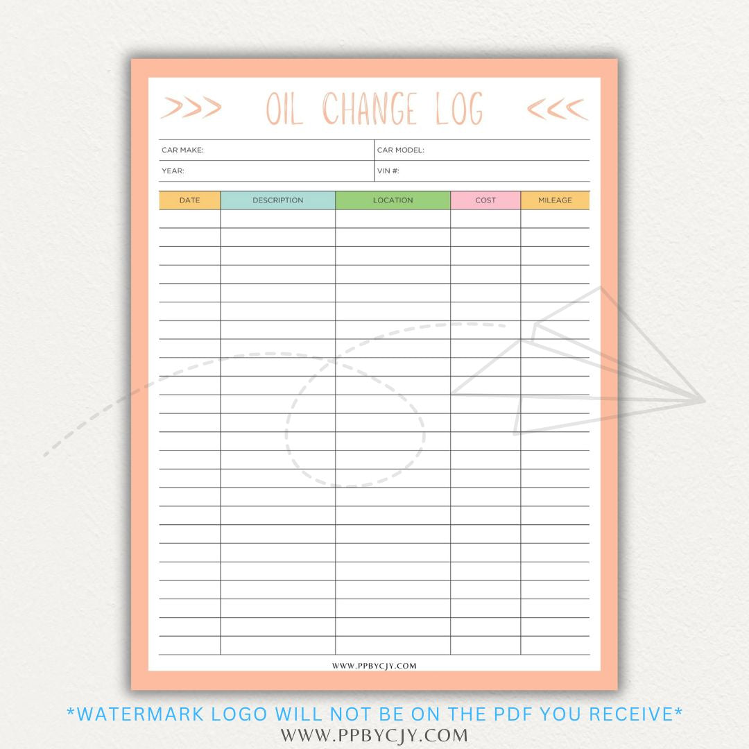 Oil Change Log Printable PDF Template for tracking vehicle maintenance and service history.