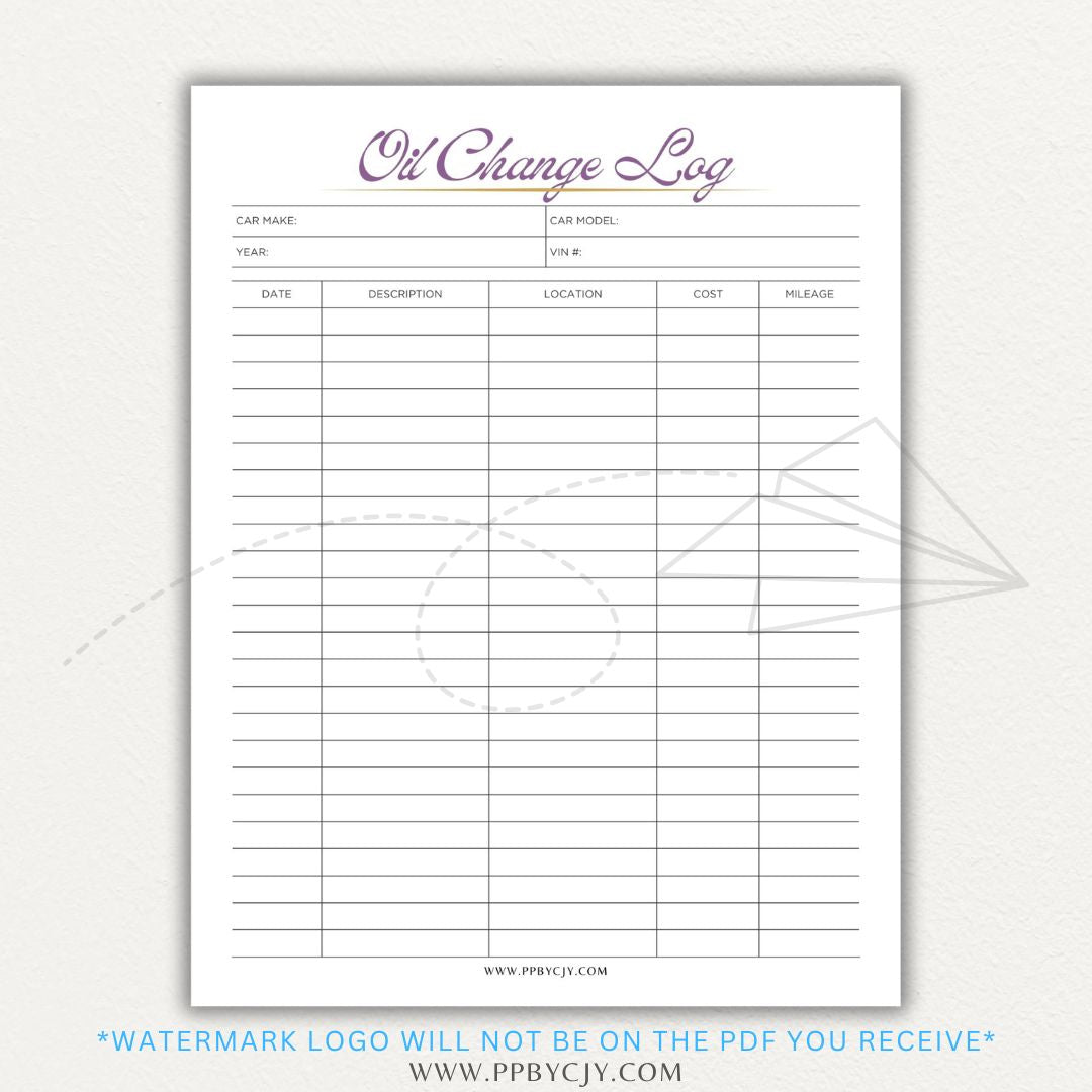 Oil Change Log Printable PDF Template for tracking vehicle maintenance and service history.